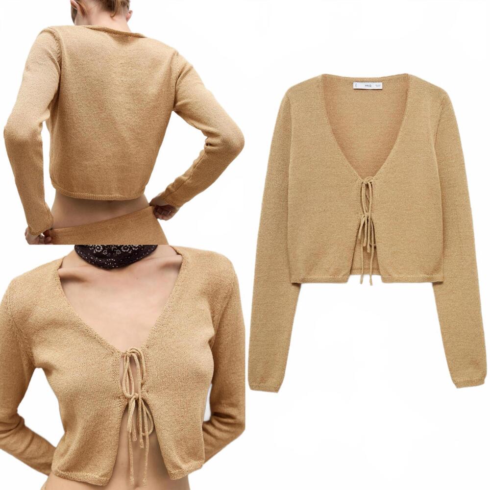 Mango Knitted Cardigan with Bow NWT Jadore Gold